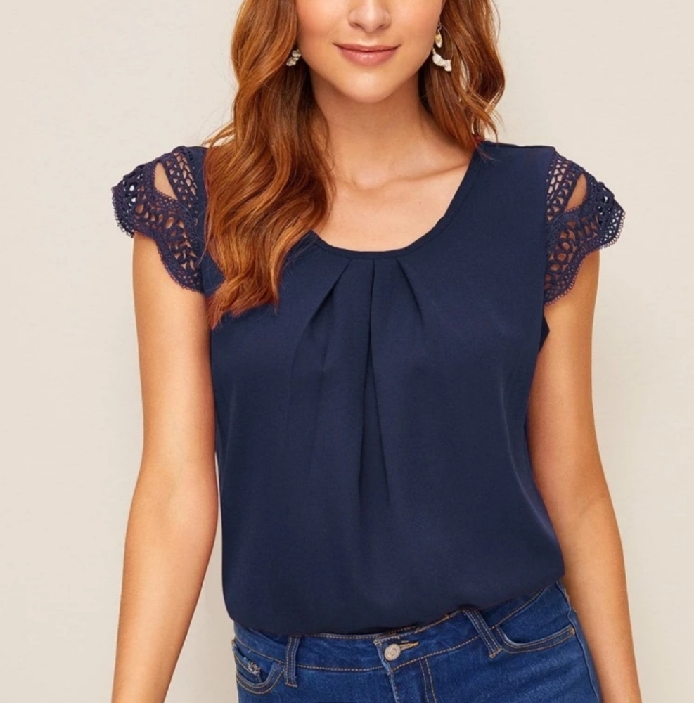 Lace Panel Solid Chiffon Blouse
